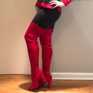 Ami Clubwear red stretch velvet thigh high boots Size 10
